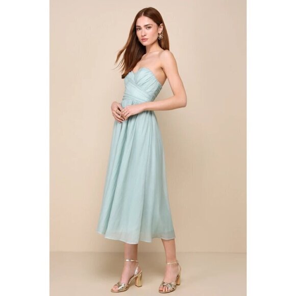 Lulus Womens Sage Green Organza Strapless A-Line Midi Dress Fairytale Design - Picture 3 of 5